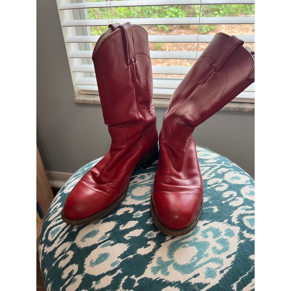 Justin Western Cowboy Boots Red Leather Pull On Round Toe Boots
